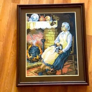 Old Woman By The Fire Knitting Painting